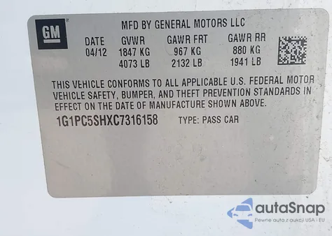 2012 Chevrolet Cruze Ls from USA, damaged, VIN 1G1PC5SHXC7316158